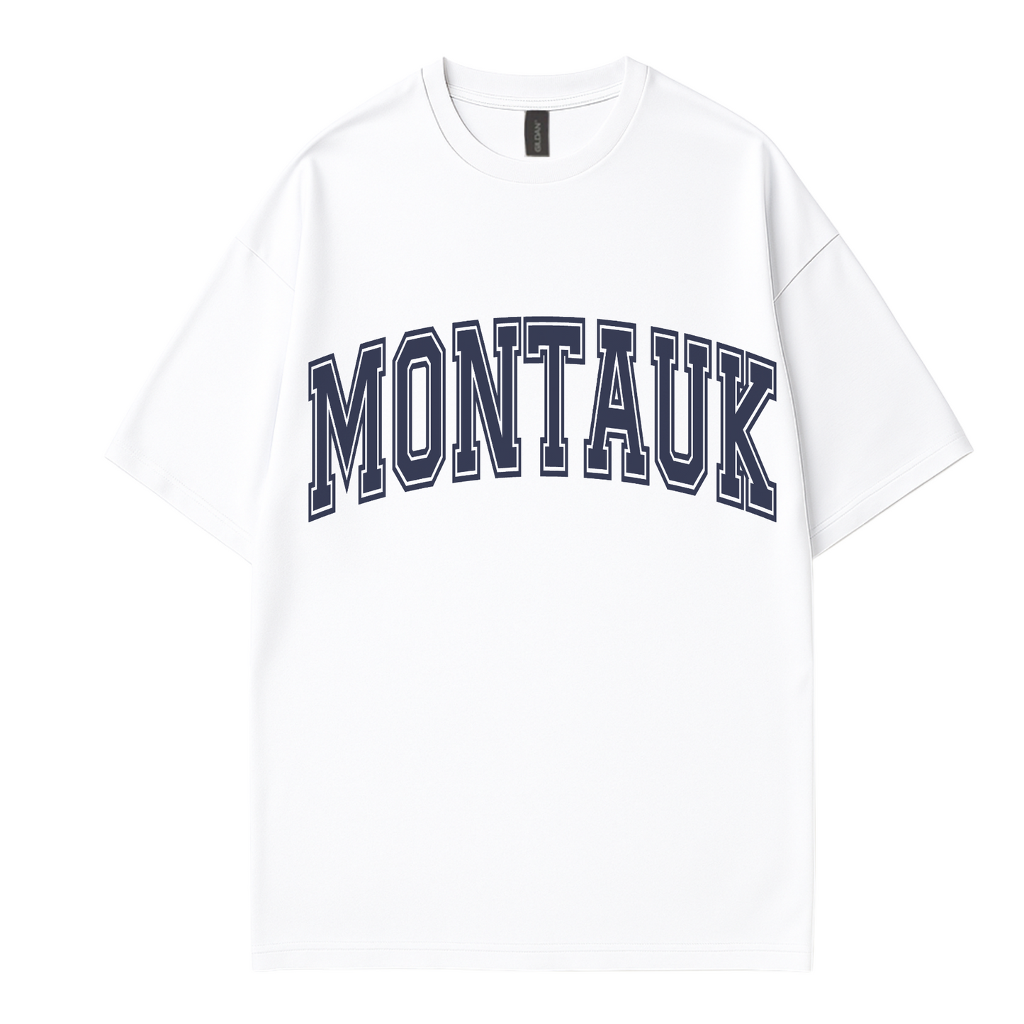 trendy minimalist statement t-shirt with ‘MONTAUK’ text by Côte Crew