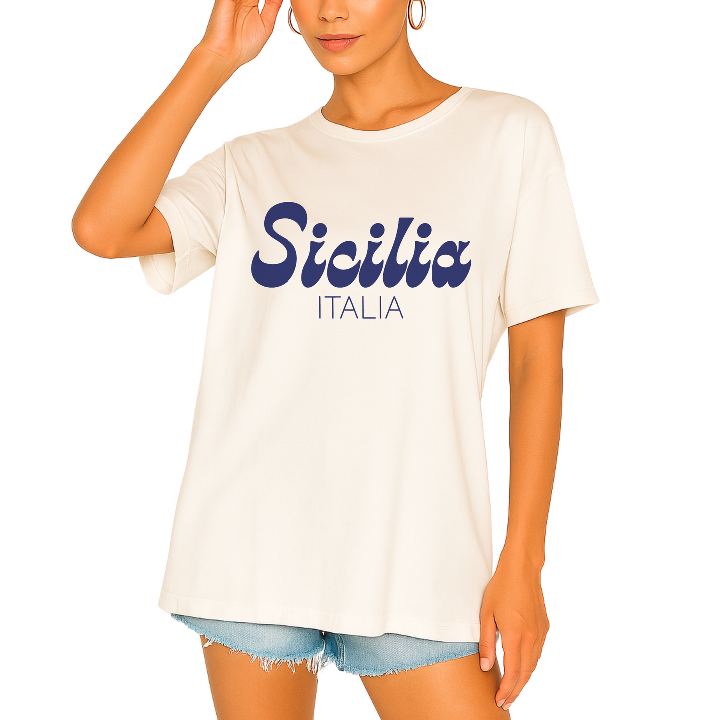 Bold women’s statement tee reading Sicilia Italia , modern font by Côte Crew