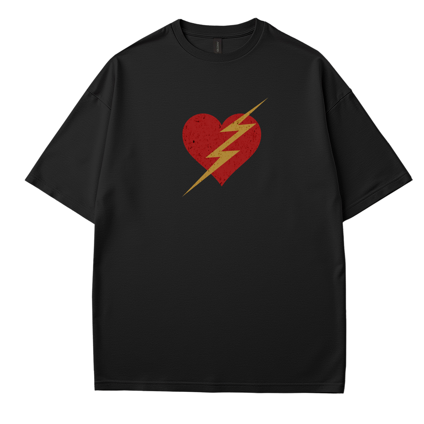 Trendy t-shirt with a bold red heart and yellow lightning bolt graphic. Retro-inspired pop art design