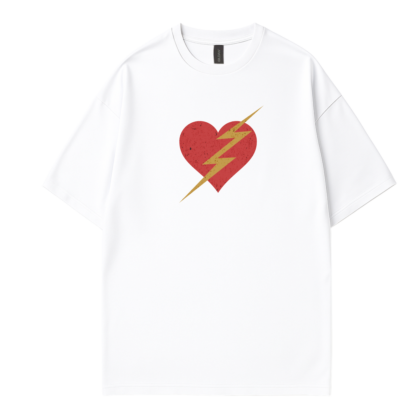 Woman White trendy t-shirt with a bold red heart and yellow lightning bolt graphic. Retro-inspired pop art design