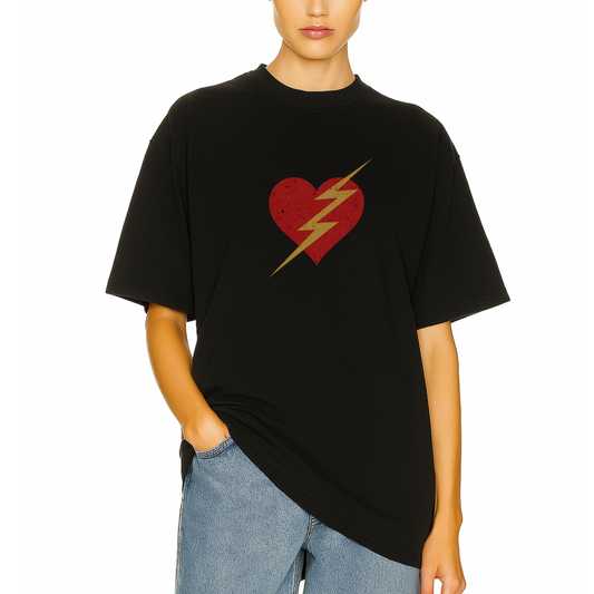Woman trendy t-shirt with a bold red heart and yellow lightning bolt graphic. Oversized Summer Tee