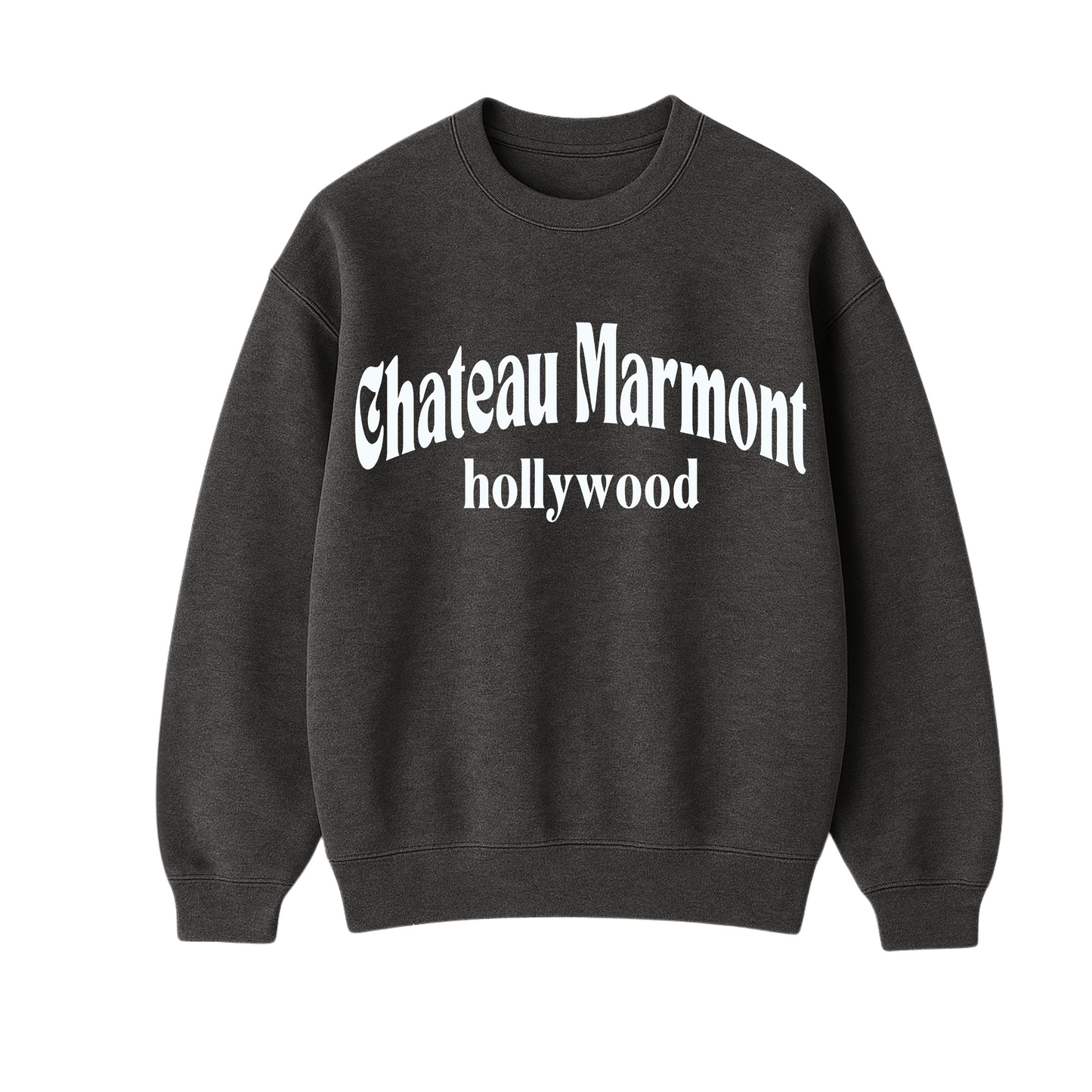 Trendy Sweatshirt with “Chateau Marmont Hollywood” text in arched retro font.