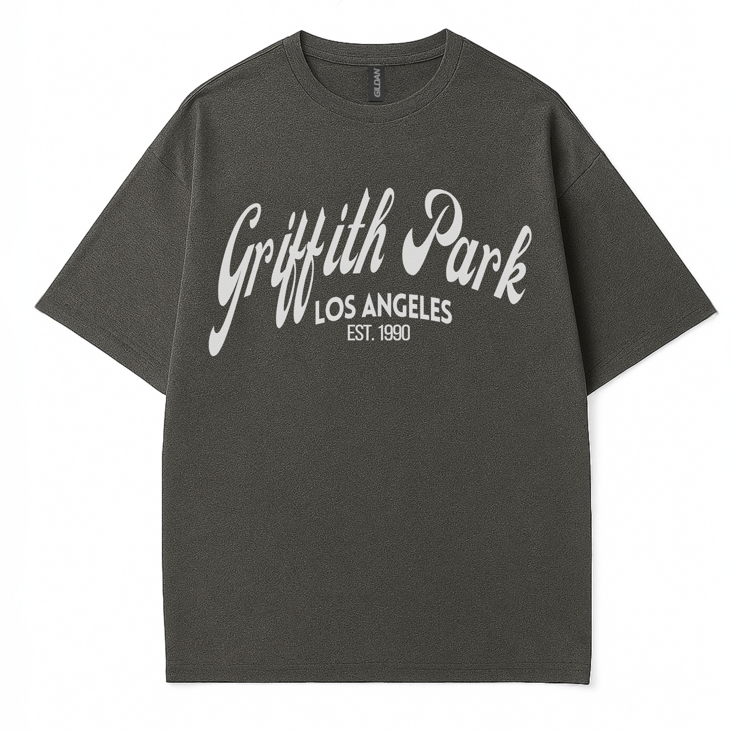 Griffith Park Los Angeles graphic t-shirt for women by Côte Crew, featuring bold white text on a soft charcoal cotton tee, established 1990 design