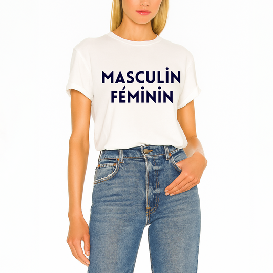 Soft cotton graphic t-shirt  unisex featuring ‘masculin feminin’ print by Côte Crew