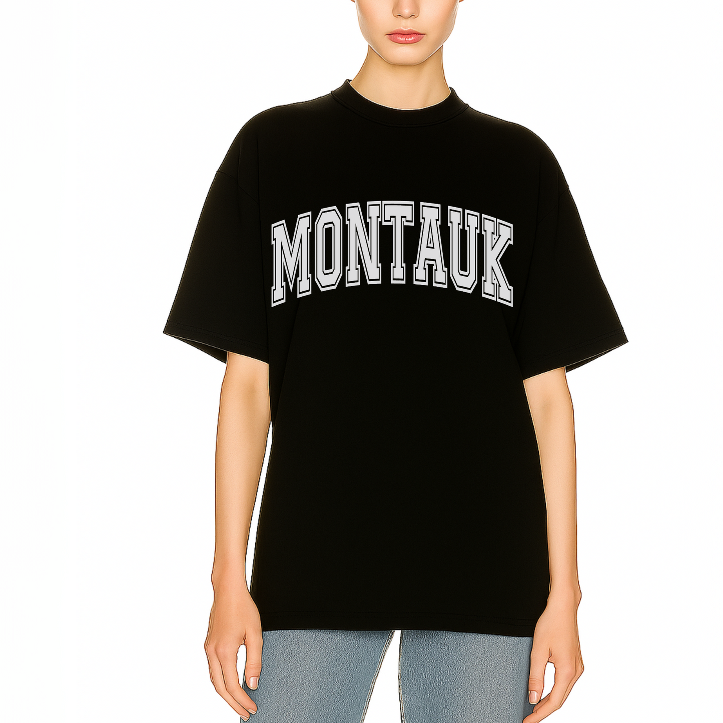 Ethically cotton t-shirt with bold graphic ‘MONTAUK’ Côte Crew