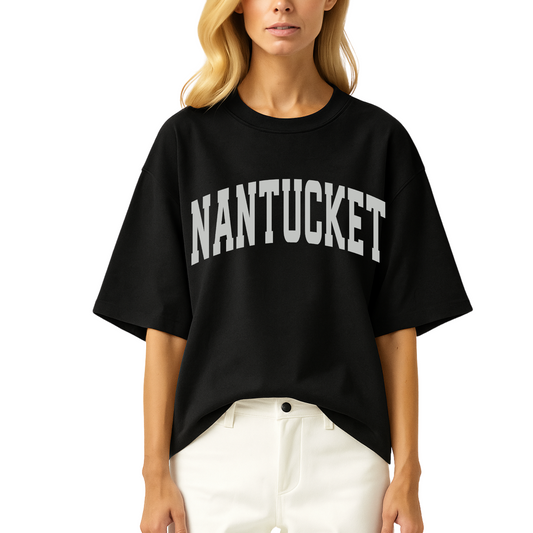 Bold  statement tee reading ‘Nantucket’ in a clean, modern font by Côte Crew