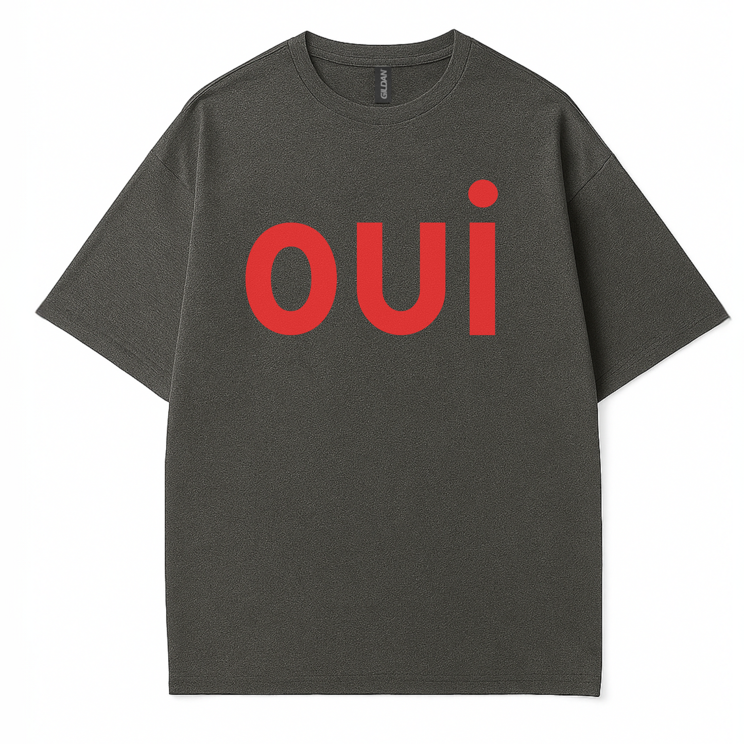 Côte Crew’s “oui” t-shirt hanging for display, showcasing bold statement design and clean cotton texture
