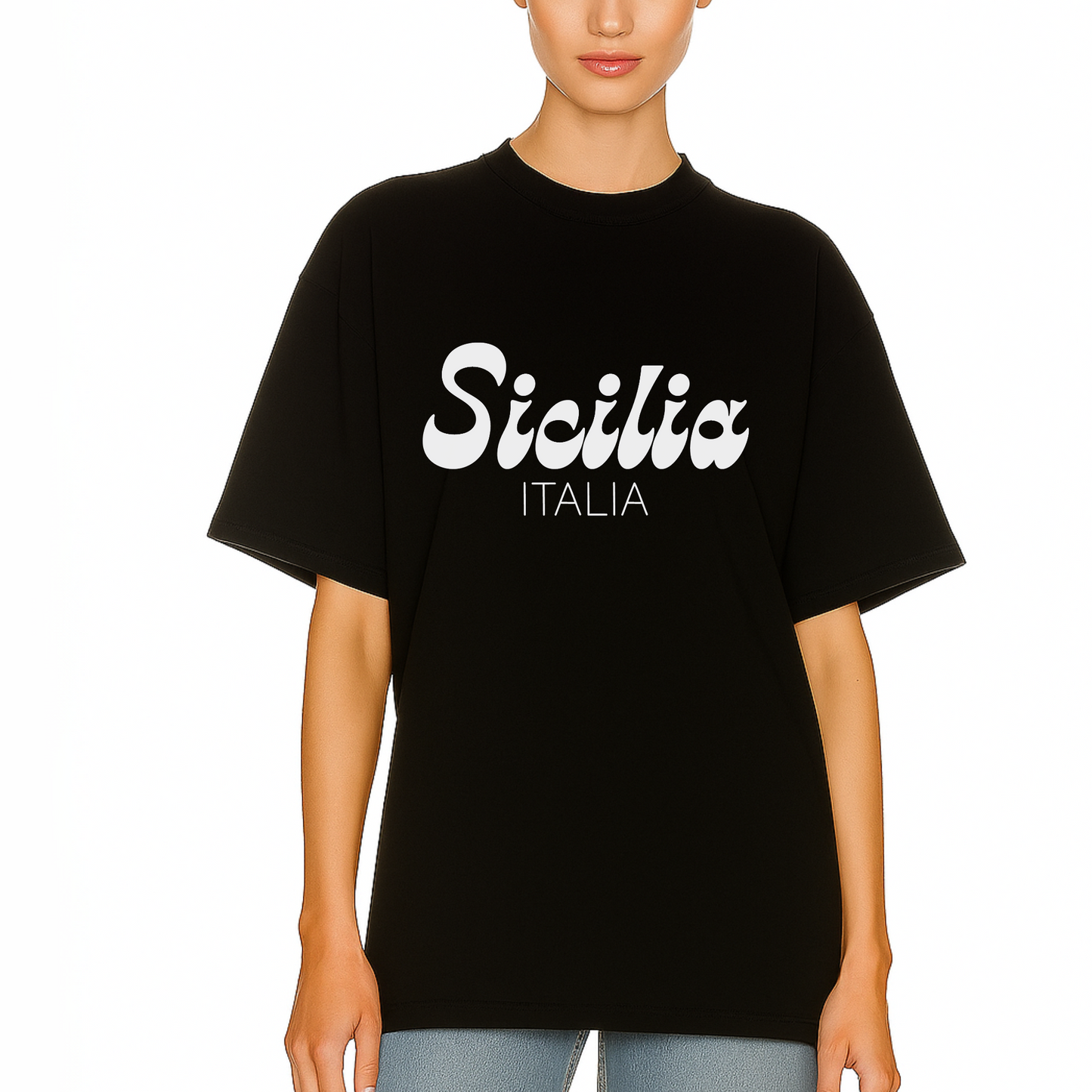 Women’s minimalist statement t-shirt with ‘Sicilia Italia’ text by Côte Crew
