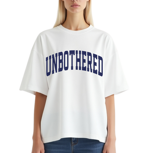 Women’s minimalist statement t-shirt with ‘unbothered’ text by Côte Crew