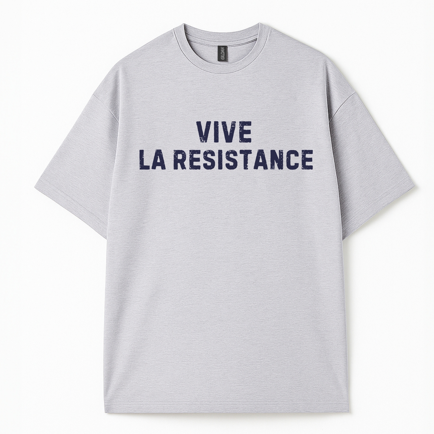 Vintage-style Grey t-shirt with bold “Vive La Résistance” lettering. Soft cotton unisex fit