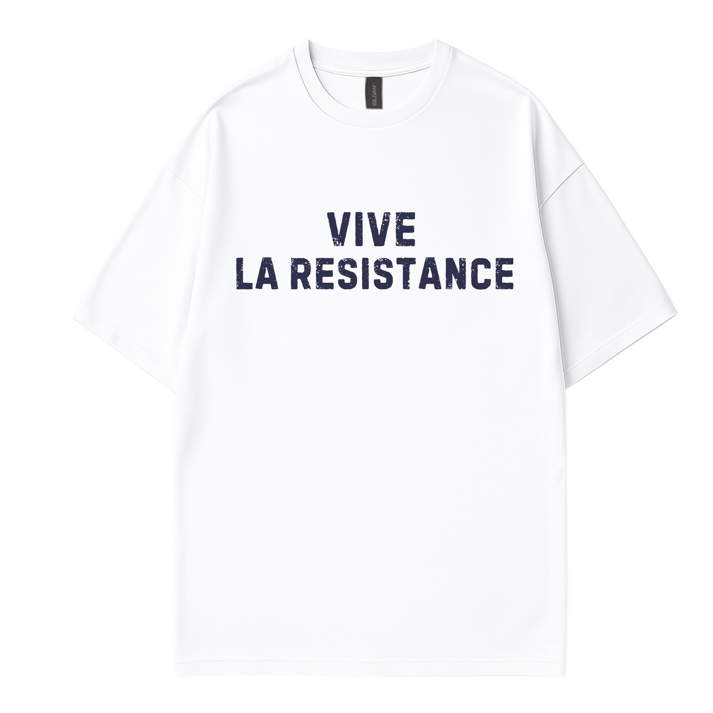 Trendy Vintage-style white t-shirt with bold “Vive La Résistance” lettering. Soft cotton unisex fit