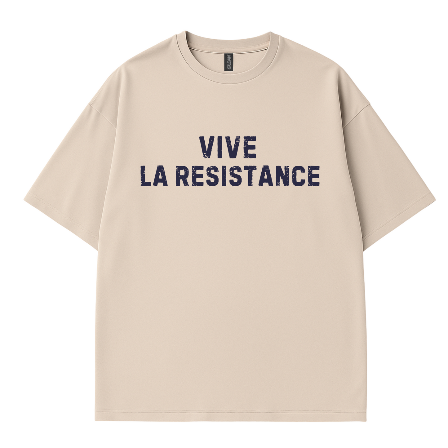 Vintage-style white t-shirt with bold “Vive La Résistance” lettering. Txt By Cote Crew