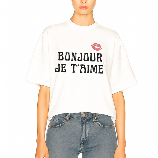 Trendy Graphic Frech Tshirt White BonJour  Je Taime
