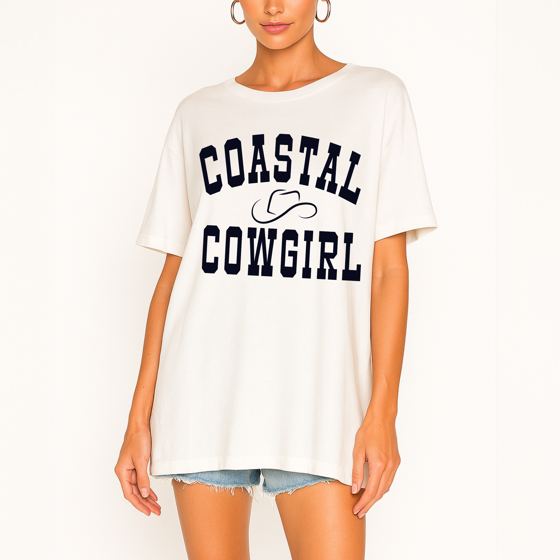 Trendy Women’s minimalist statement t-shirt with ‘Coastal Cowgirl ’ text by Côte Crew