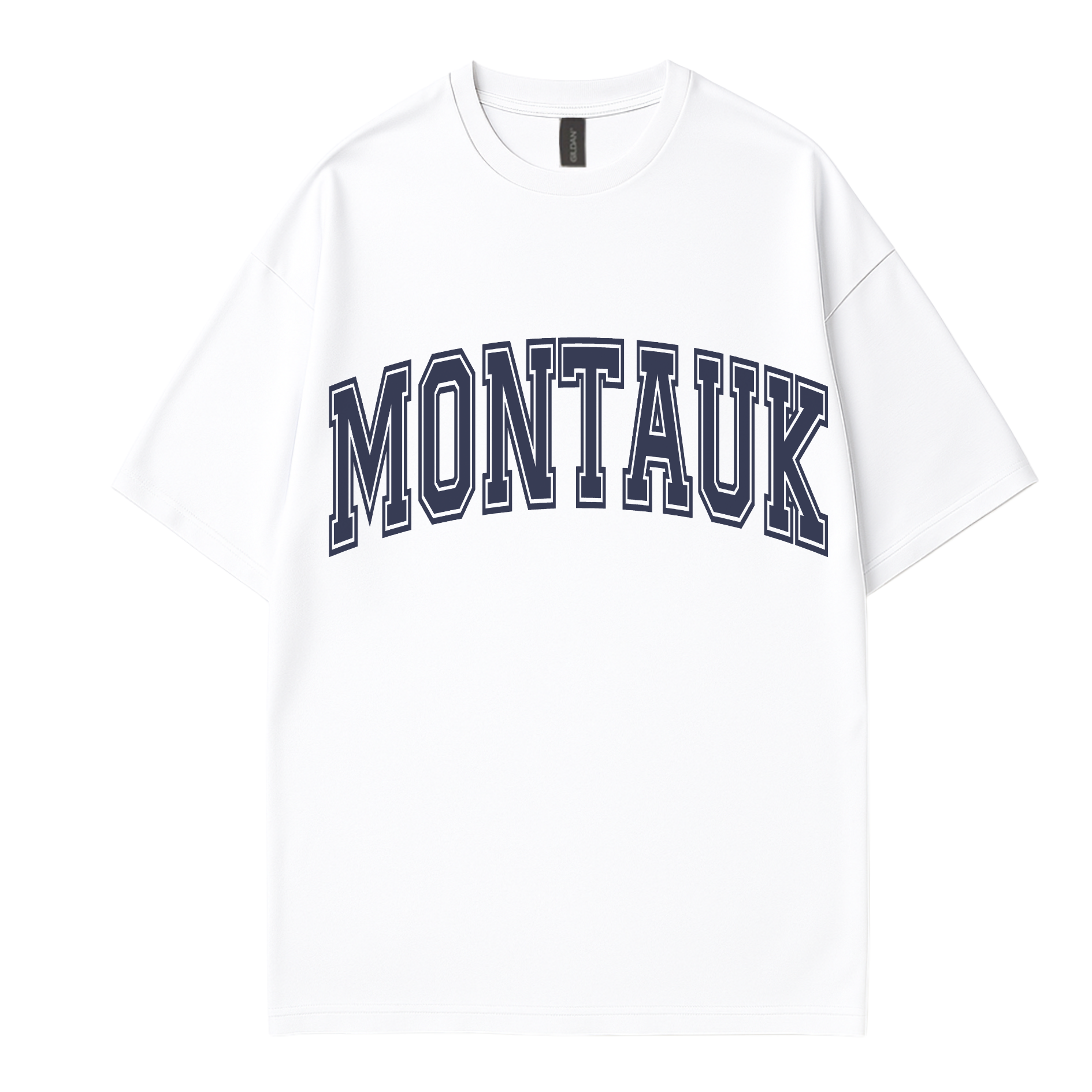 trendy minimalist statement t-shirt with ‘MONTAUK’ text by Côte Crew