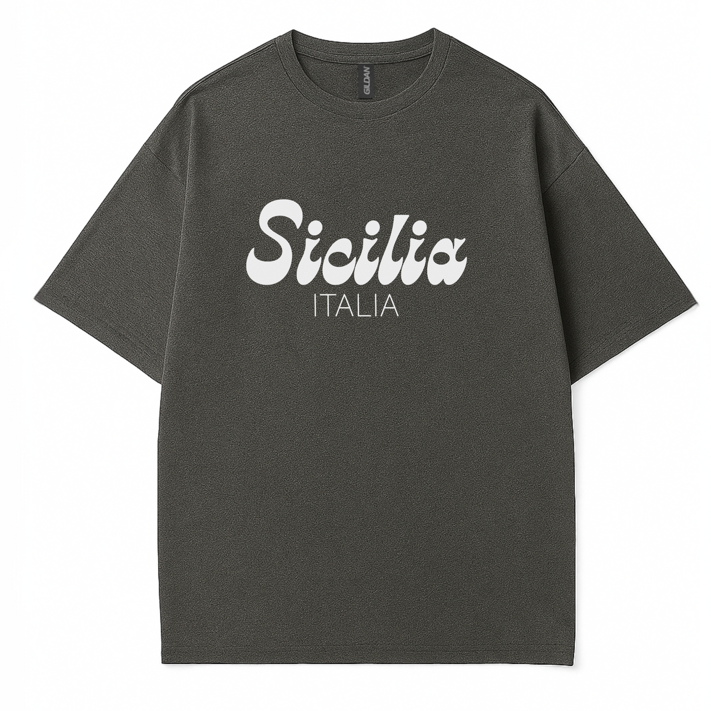 Minimalist women’s t-shirt design with the phrase Sicilia Italia  by Côte Crew