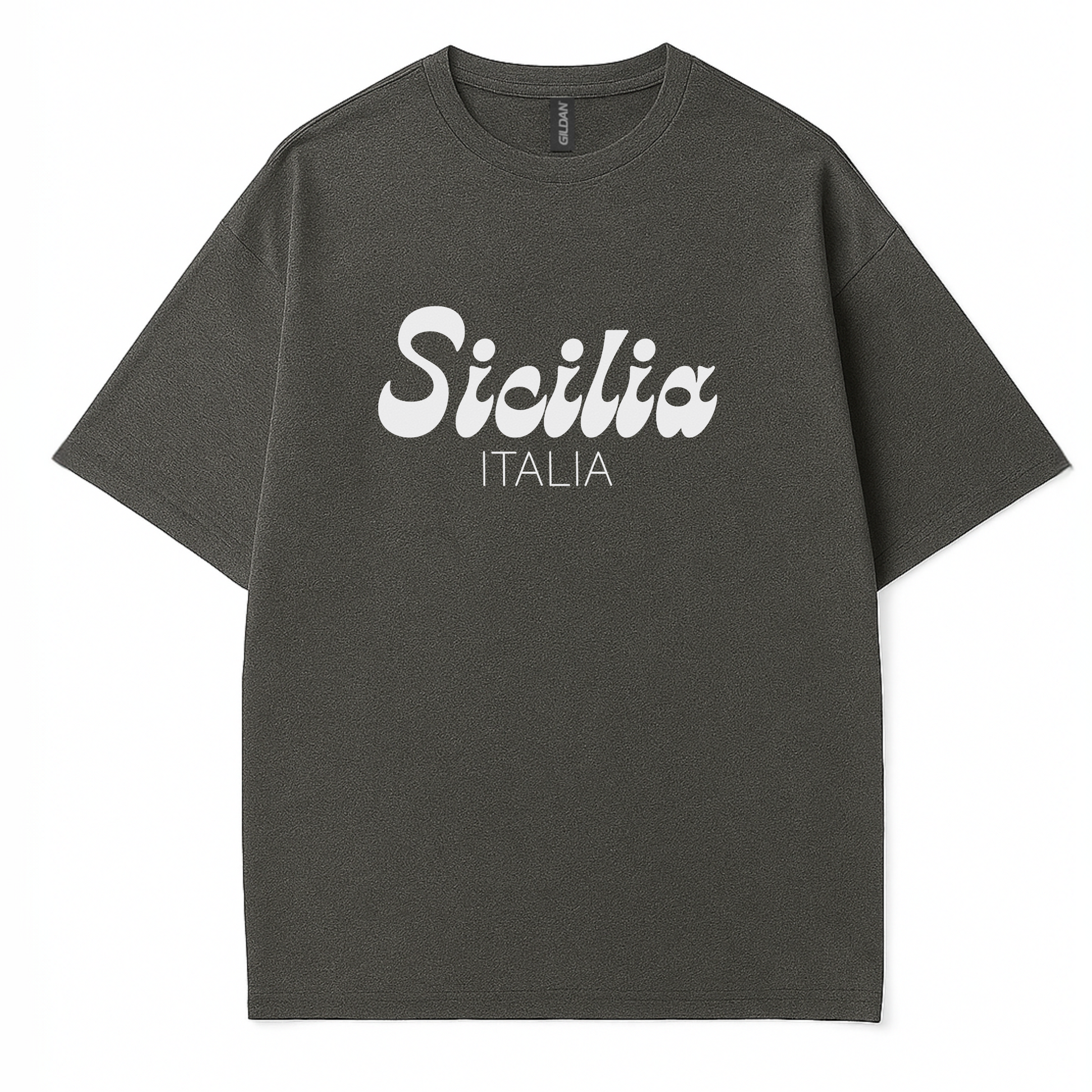Minimalist women’s t-shirt design with the phrase Sicilia Italia  by Côte Crew