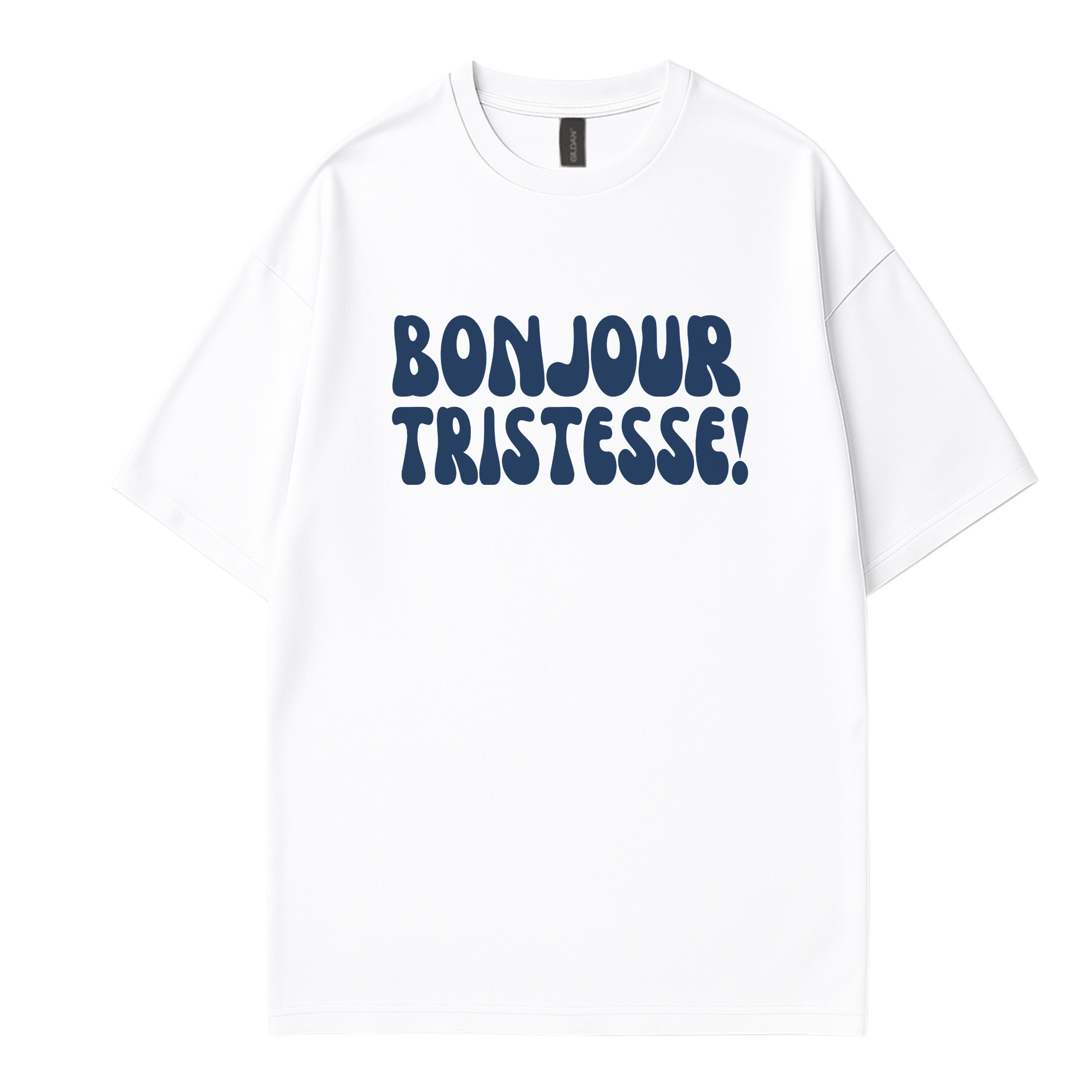 Unisex minimalist statement t-shirt with ‘Bonjour Tristesse’ text by Côte Crew