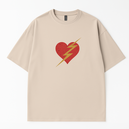  trendy  summer t-shirt with a bold red heart and yellow lightning bolt graphic. Retro-inspired pop art design 