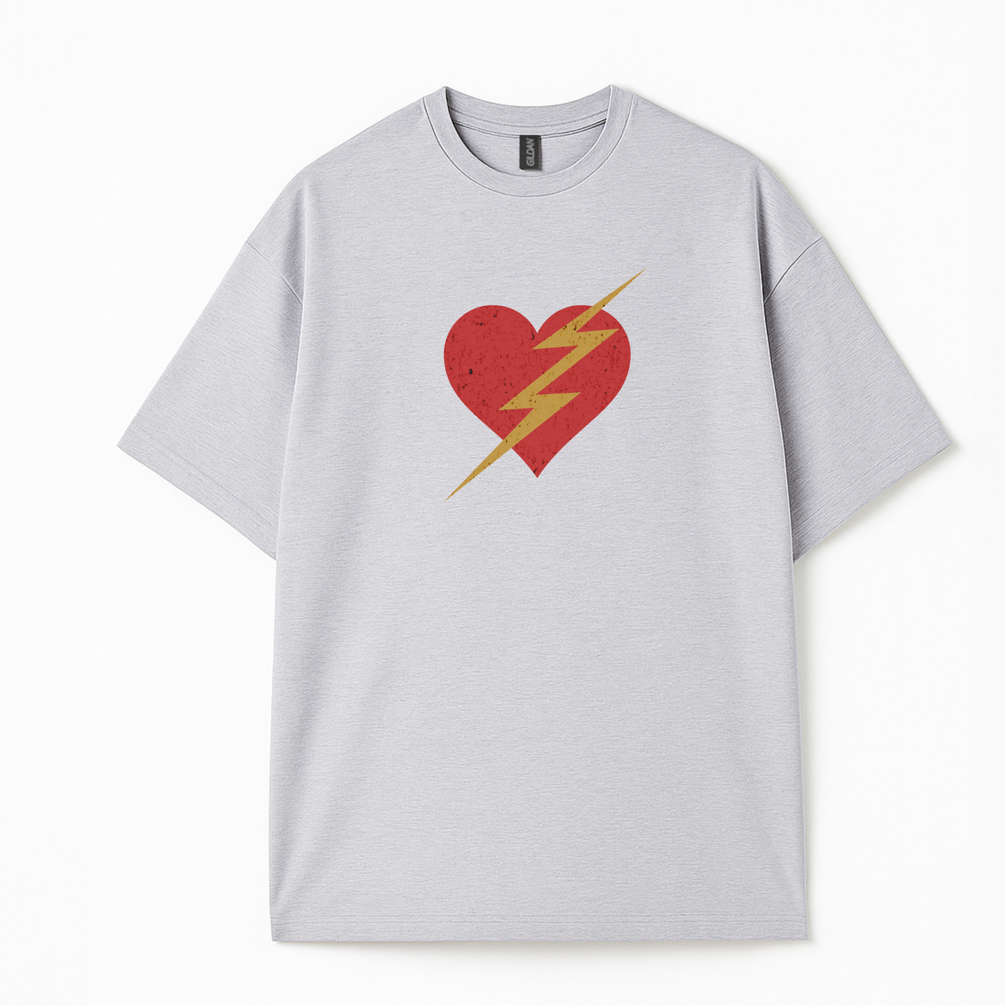 Woman trendy t-shirt with a bold red heart and yellow lightning bolt graphic. Retro-inspired pop art design Woman trendy t-shirt with a bold red heart and yellow lightning bolt graphic. Retro-inspired pop art design 