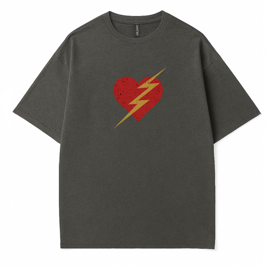 Woman trendy t-shirt with a bold red heart and yellow lightning bolt graphic. Retro-inspired pop art design 
