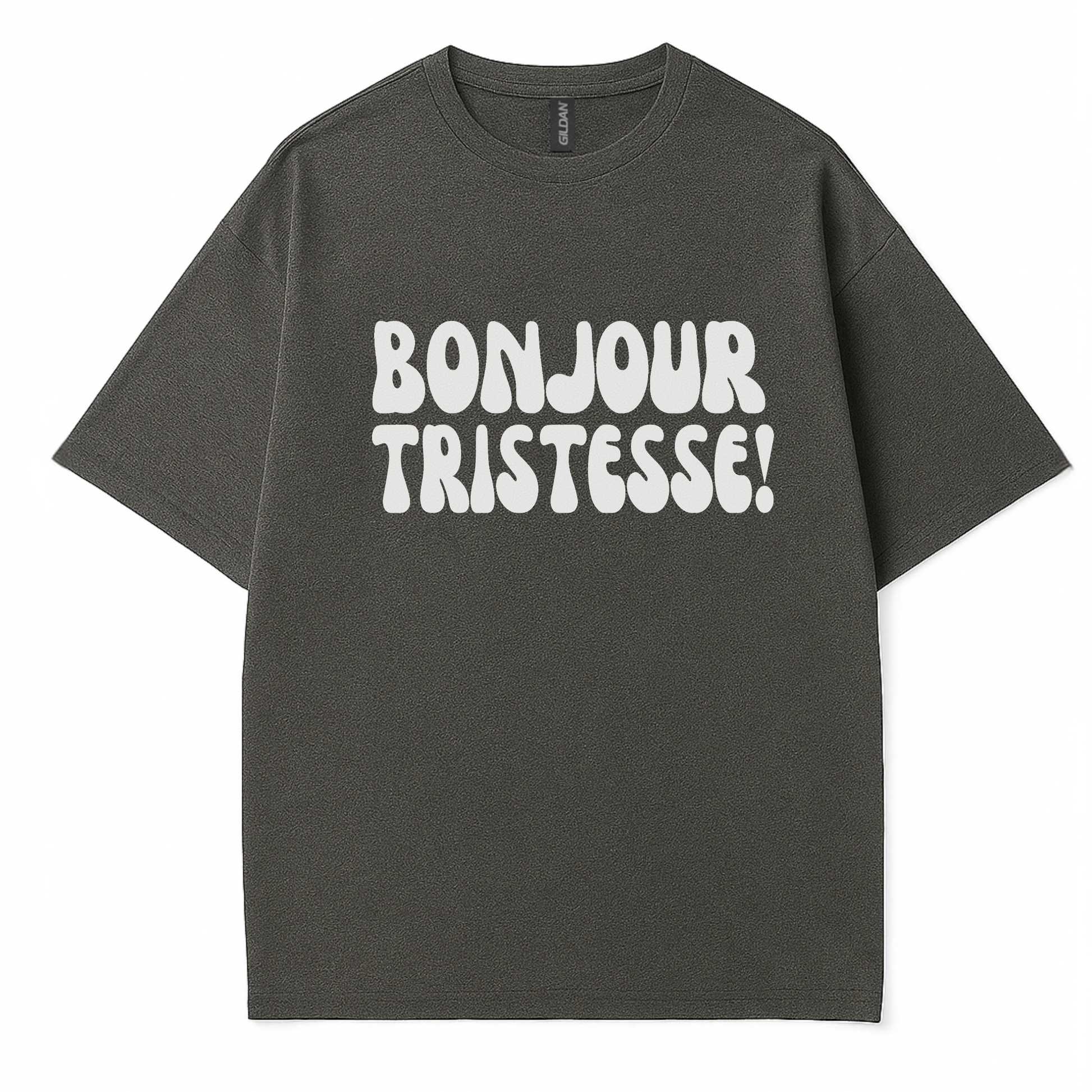 Women’s minimalist statement t-shirt with ‘Bonjour Tristesse’ text by Côte Crew