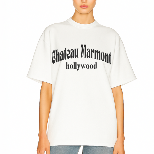Trendy t-shirt with white “Chateau Marmont Hollywood” text in arched retro font. 