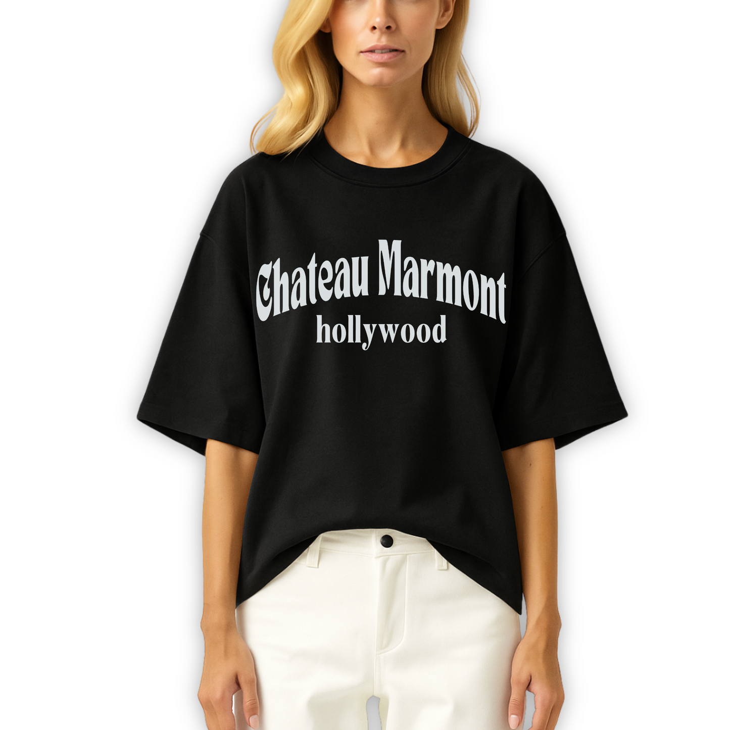 Trendy t-shirt with white “Chateau Marmont Hollywood” text in arched retro font. 