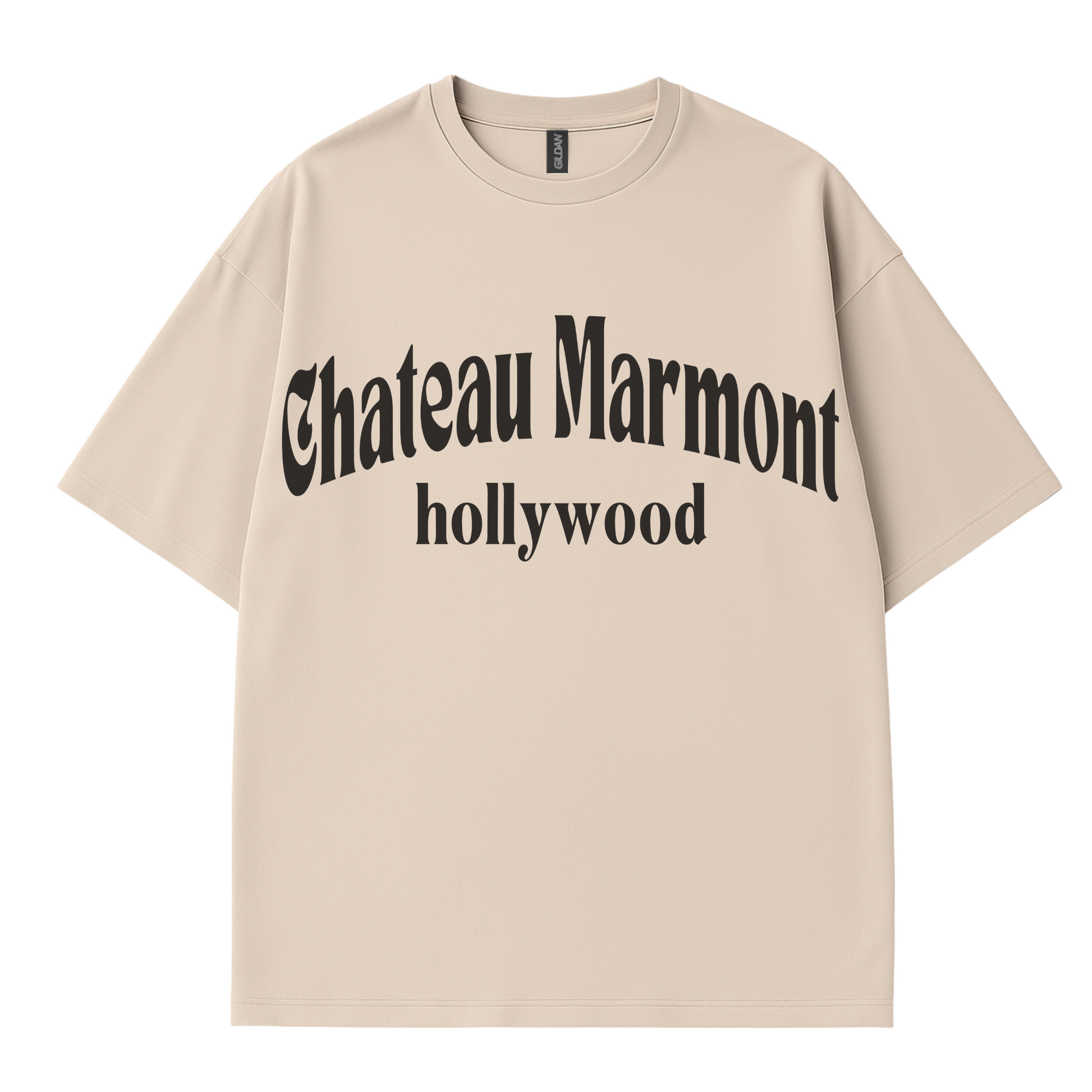 Woman Trendy  t-shirt with “Chateau Marmont Hollywood” text in arched retro font. Soft cotton shirt laid flat on a concrete background