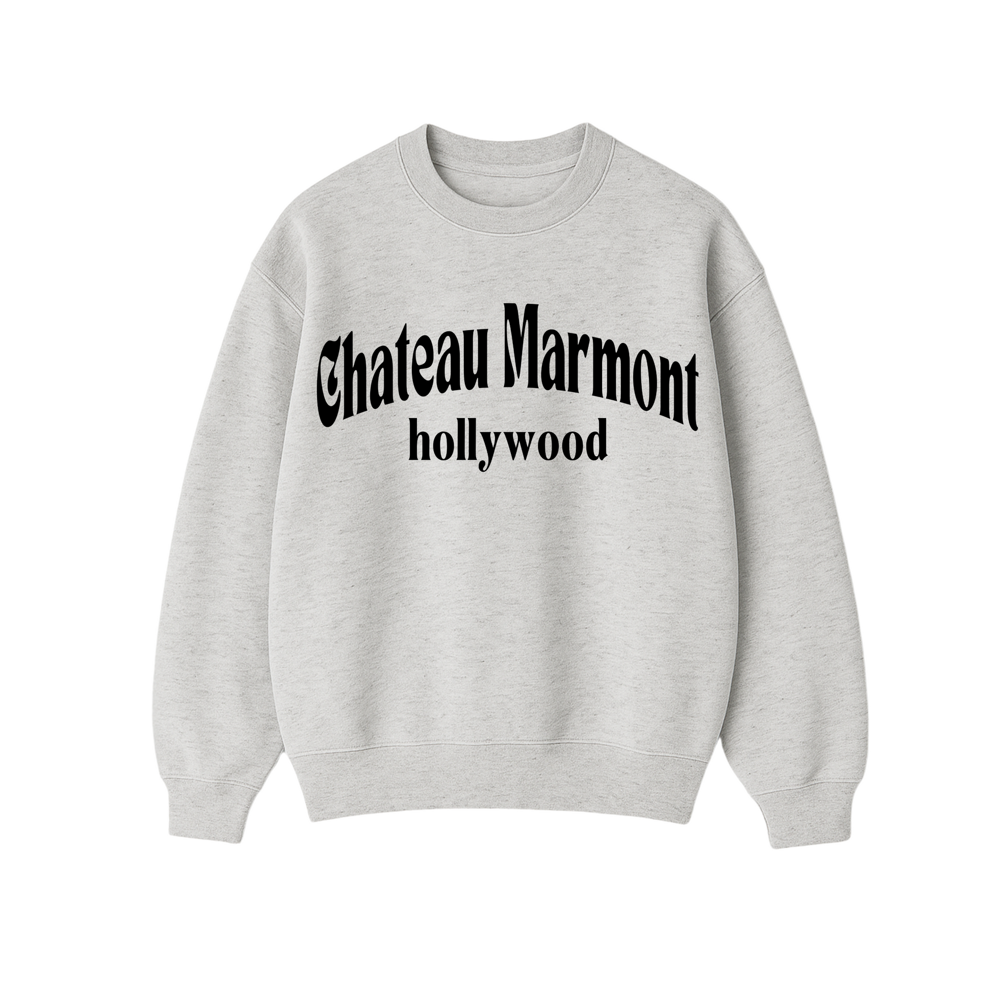  Trendy  sweater with “Chateau Marmont Hollywood” text in arched retro font.