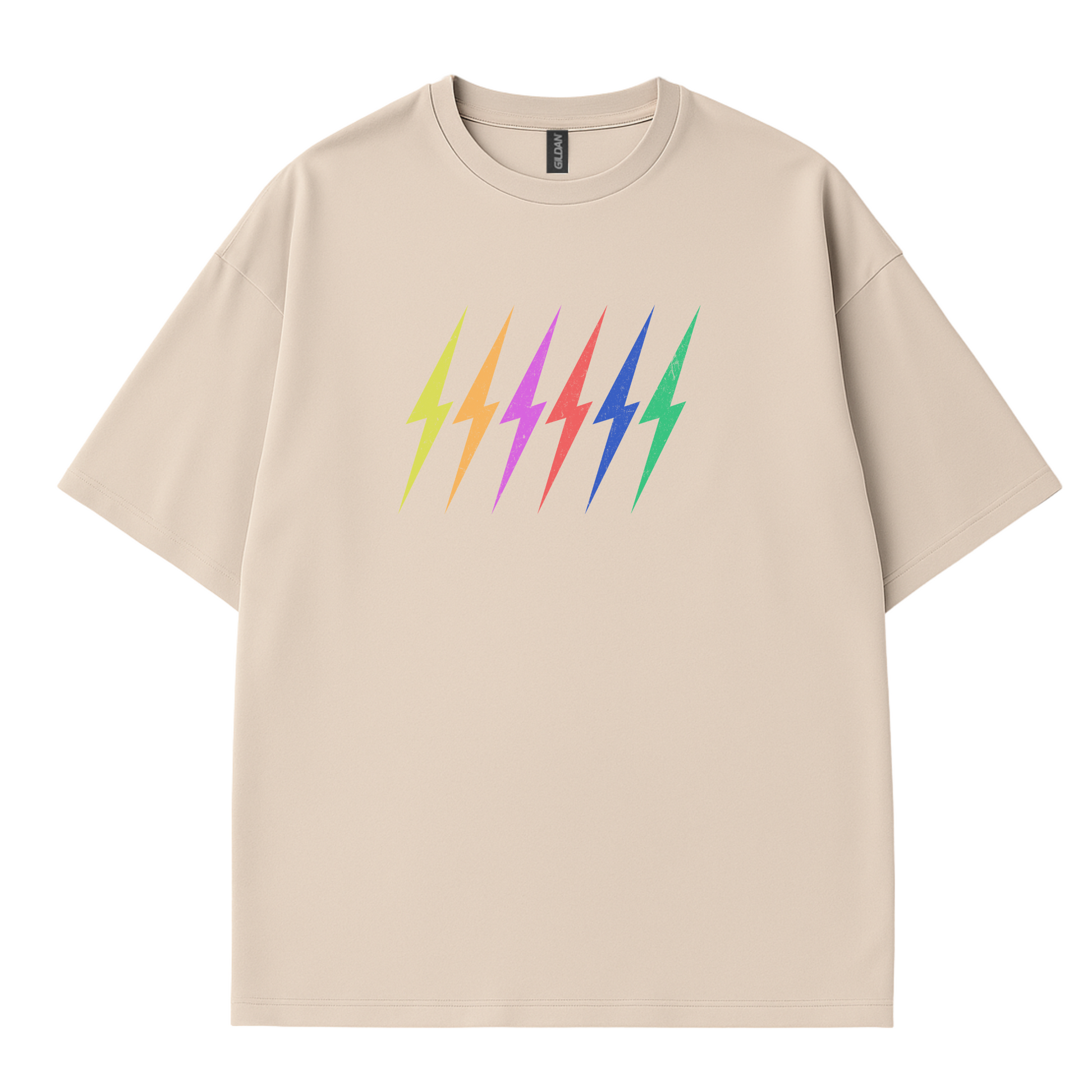 Close-up of Côte Crew’s six rainbow-colored lightning bolts printed on beige cotton t-shirt.