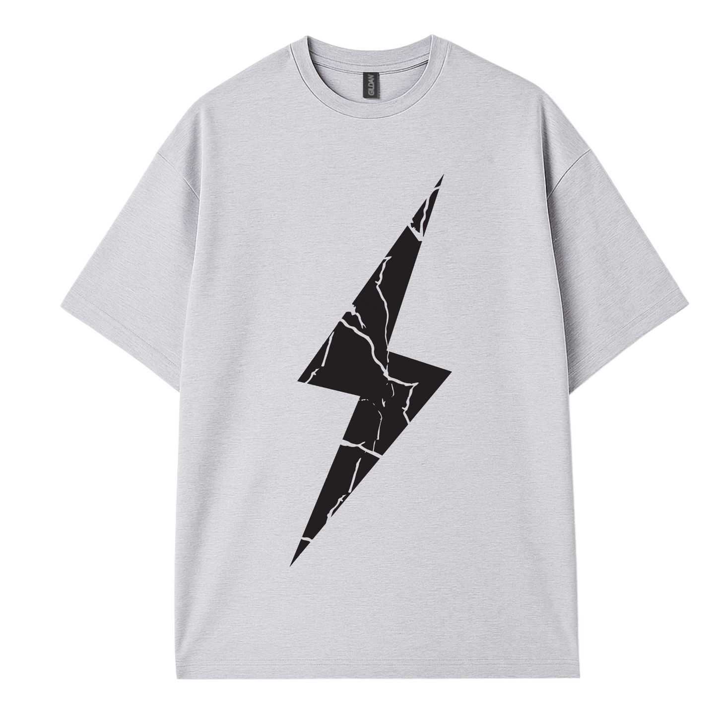 Grey  t-shirt with  black cracked lightning bolt graphic centered on chest. Minimalist design. Cote Crew 
