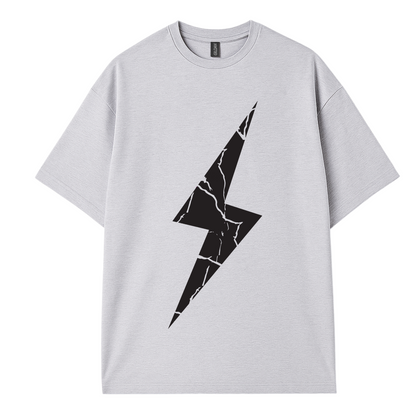Grey  t-shirt with  black cracked lightning bolt graphic centered on chest. Minimalist design. Cote Crew 