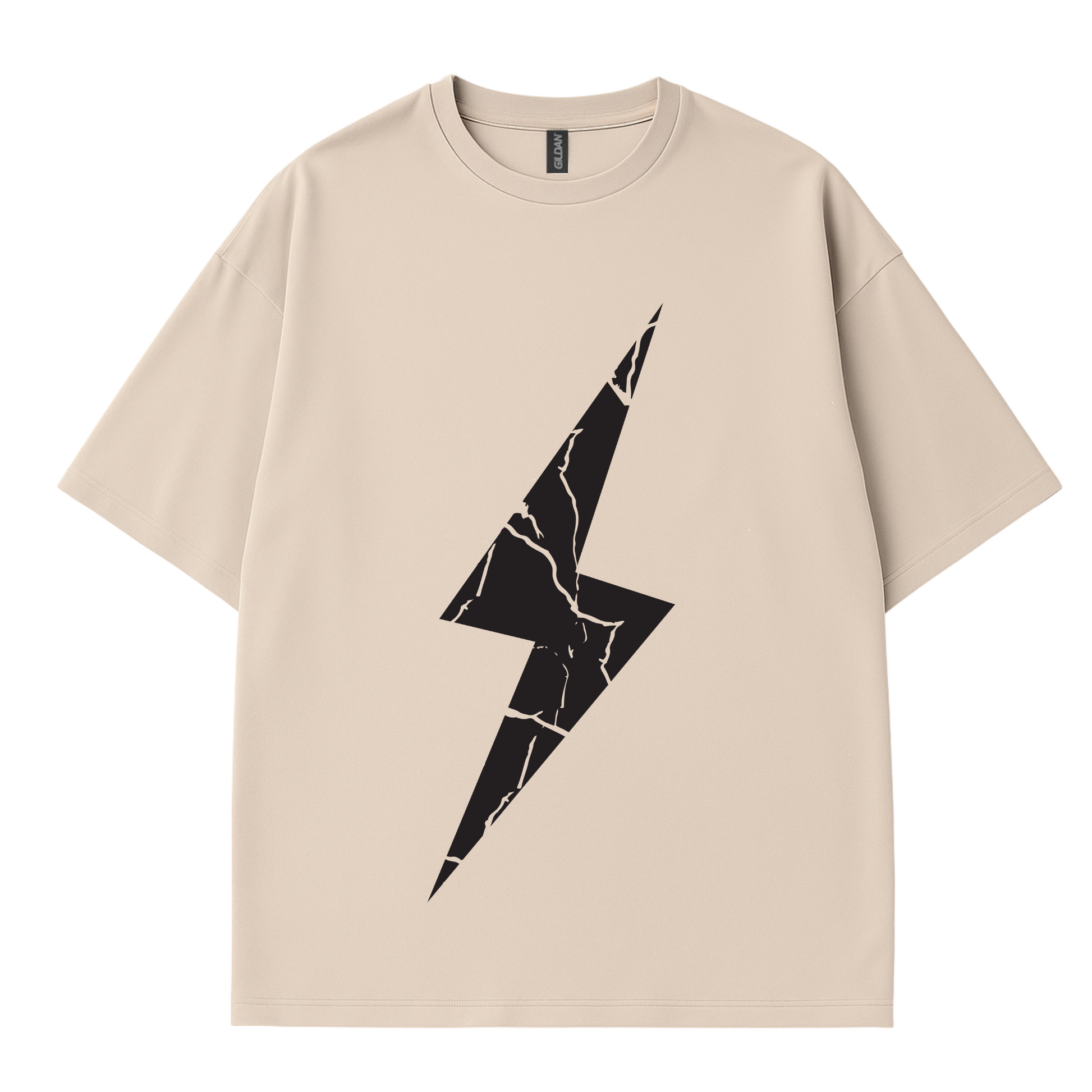 black cracked lightning bolt graphic centered on chest. Minimalist design 