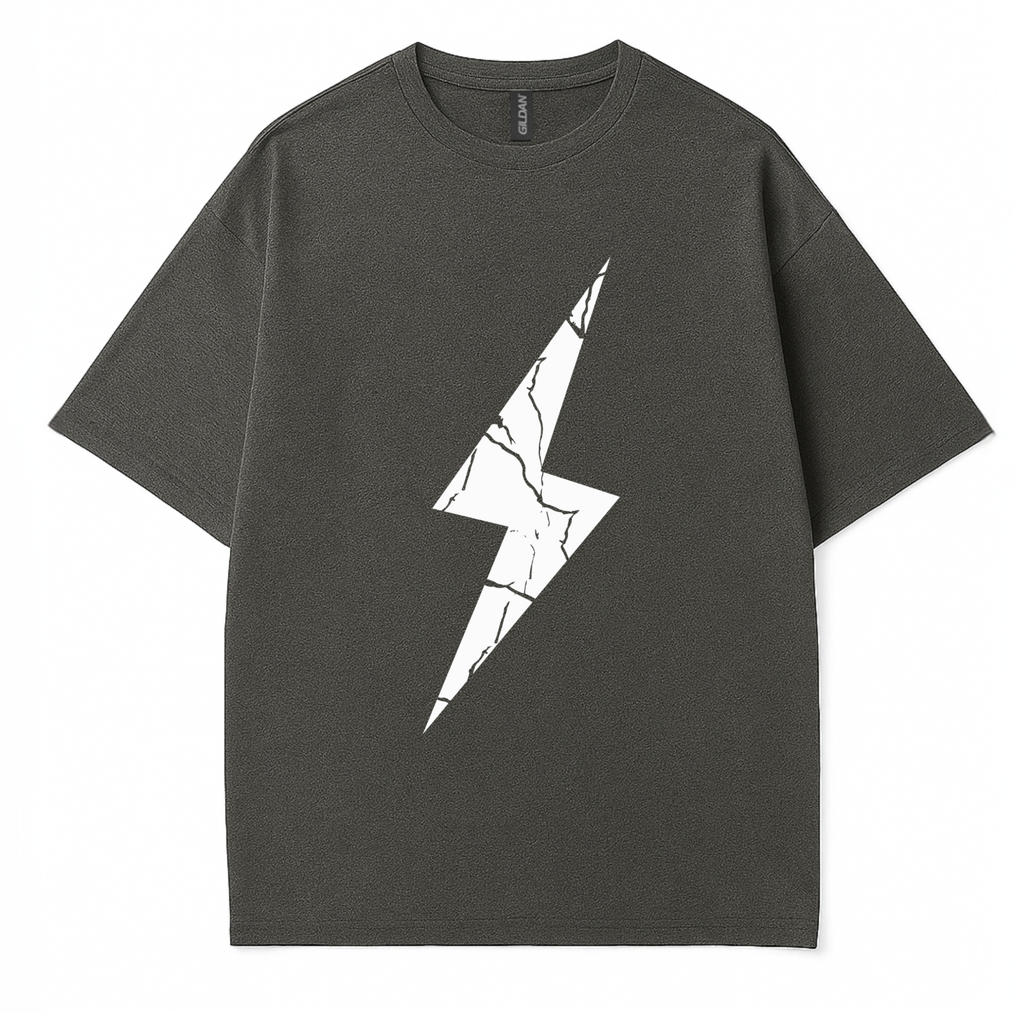 black cracked lightning bolt graphic centered on chest. Minimalist design tee