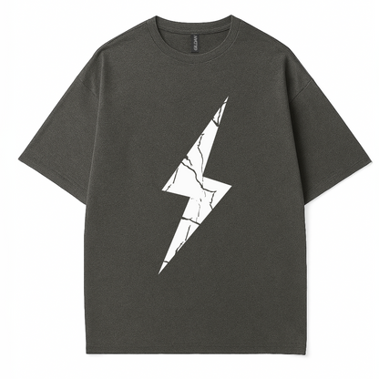 black cracked lightning bolt graphic centered on chest. Minimalist design tee