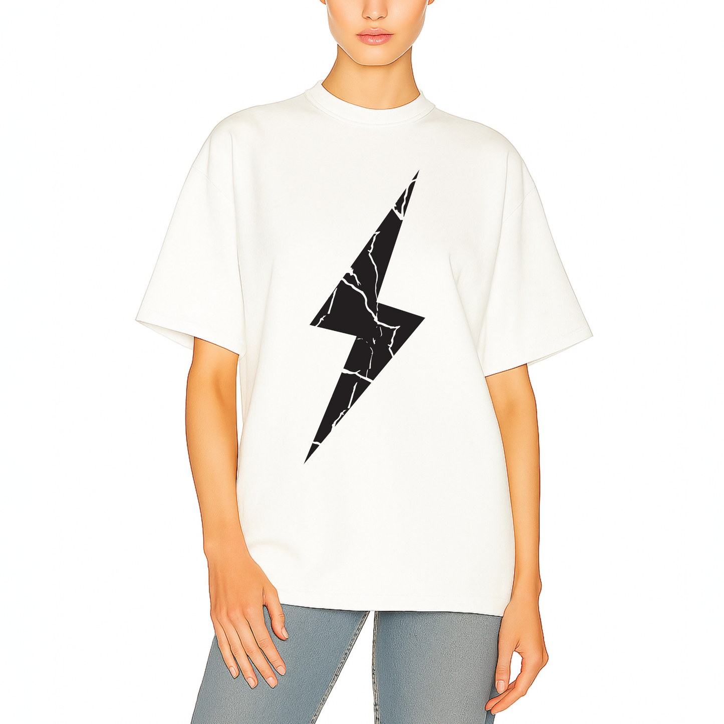  t-shirt with  black cracked lightning bolt graphic centered on chest. Minimalist design. Cote Crew 