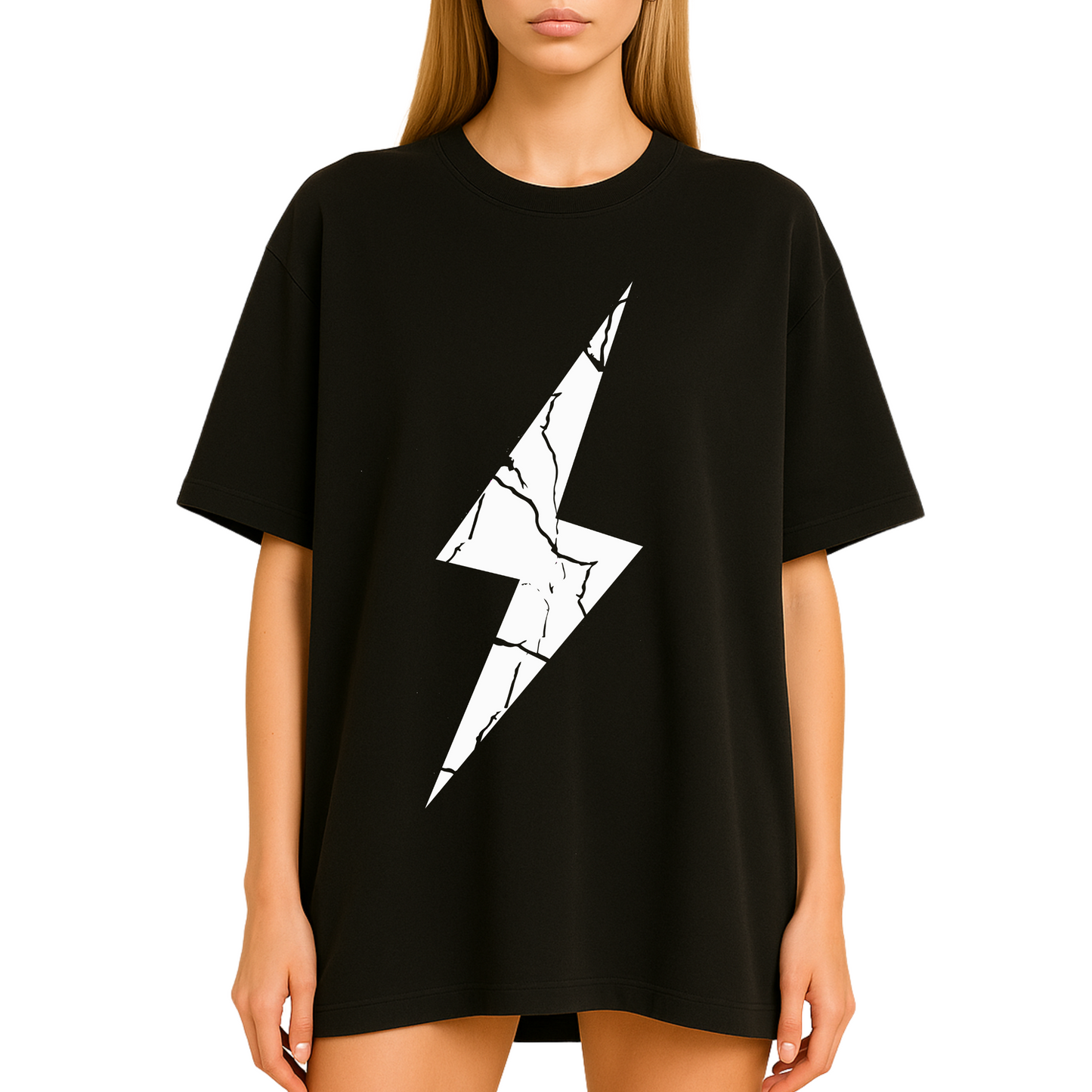 t-shirt with  white cracked lightning bolt graphic centered on chest. Minimalist design 
