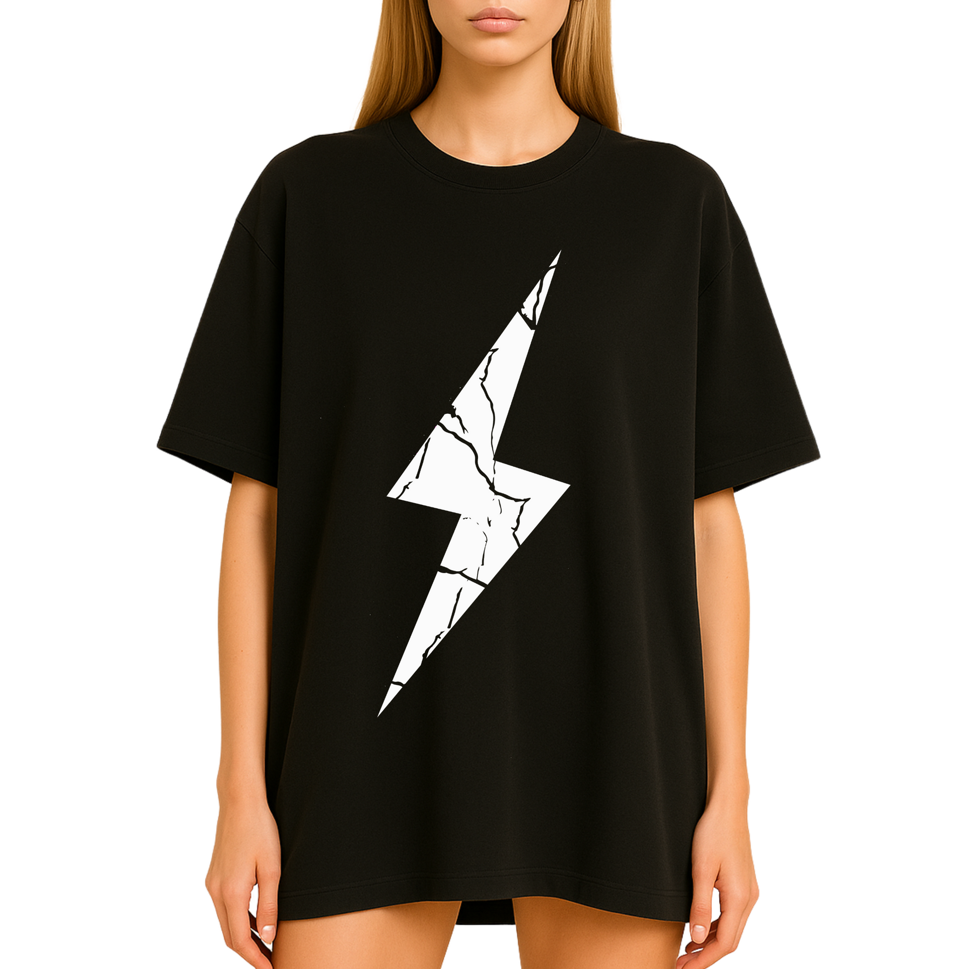  t-shirt with  white cracked lightning bolt graphic centered on chest. Minimalist design 
