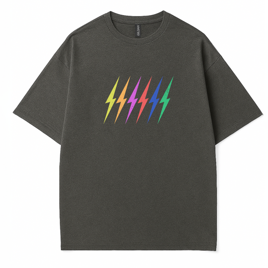  Côte Crew’s rainbow lightning bolt graphic t-shirt on charcoal cotton, minimalist and vibrant in design